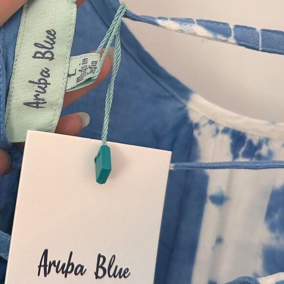 Aruba Blue & White Banded Tie-Dye Strappy Back Maxi Dress – Boho Large - Picture 7 of 7